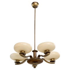 Paavo Tynell, Chandelier, Brass, Wood, Glass, Finland, 1930s