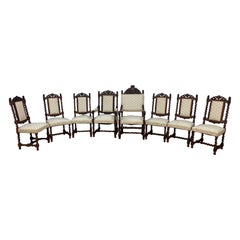Antique French Jacobean Revival Renaissance Style Carved Dining Chairs - 8 Set