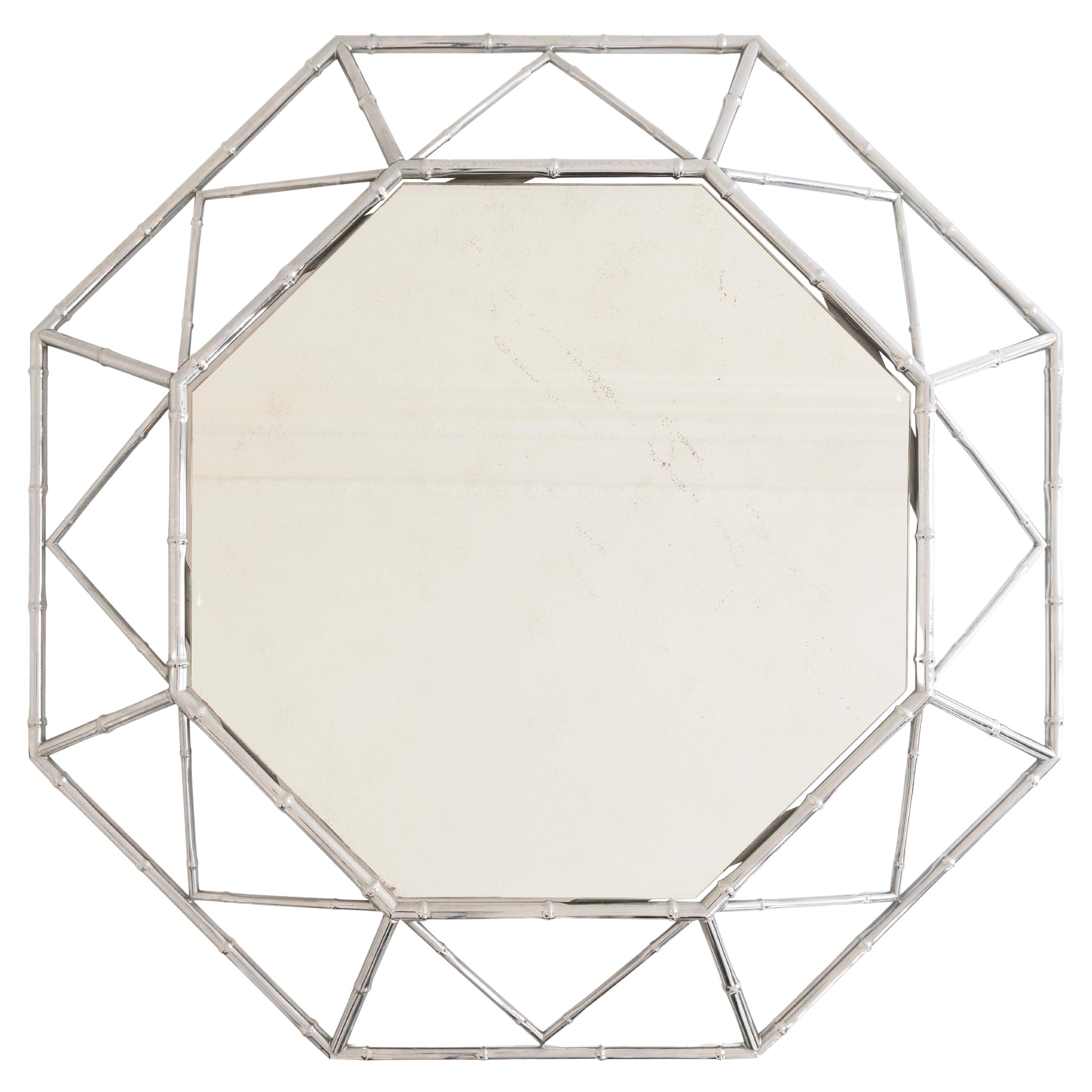 Miroir mural octogonal des années 1980 avec un cadre en métal argenté en forme de bambou