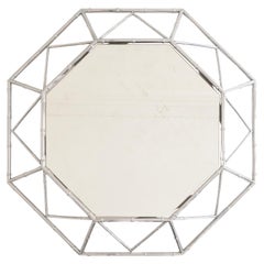 Octagonal 1980's Wall Mirror with a Bamboo Shaped Silver Metal Frame