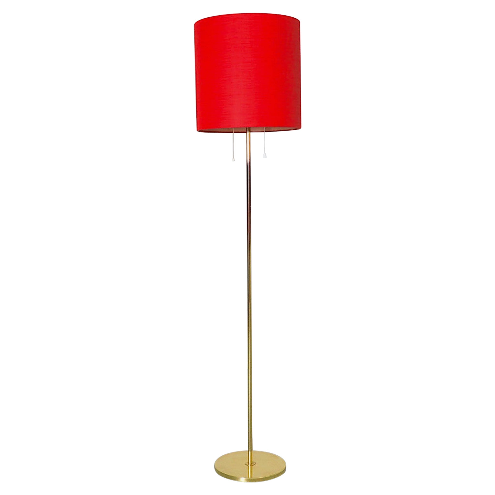 Mid-Century Swedish Brass Floor Lamp w/ Red Chenille Drum Shade & Plexi Diffuser