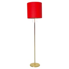 Mid-Century Swedish Brass Floor Lamp w/ Red Chenille Drum Shade & Plexi Diffuser