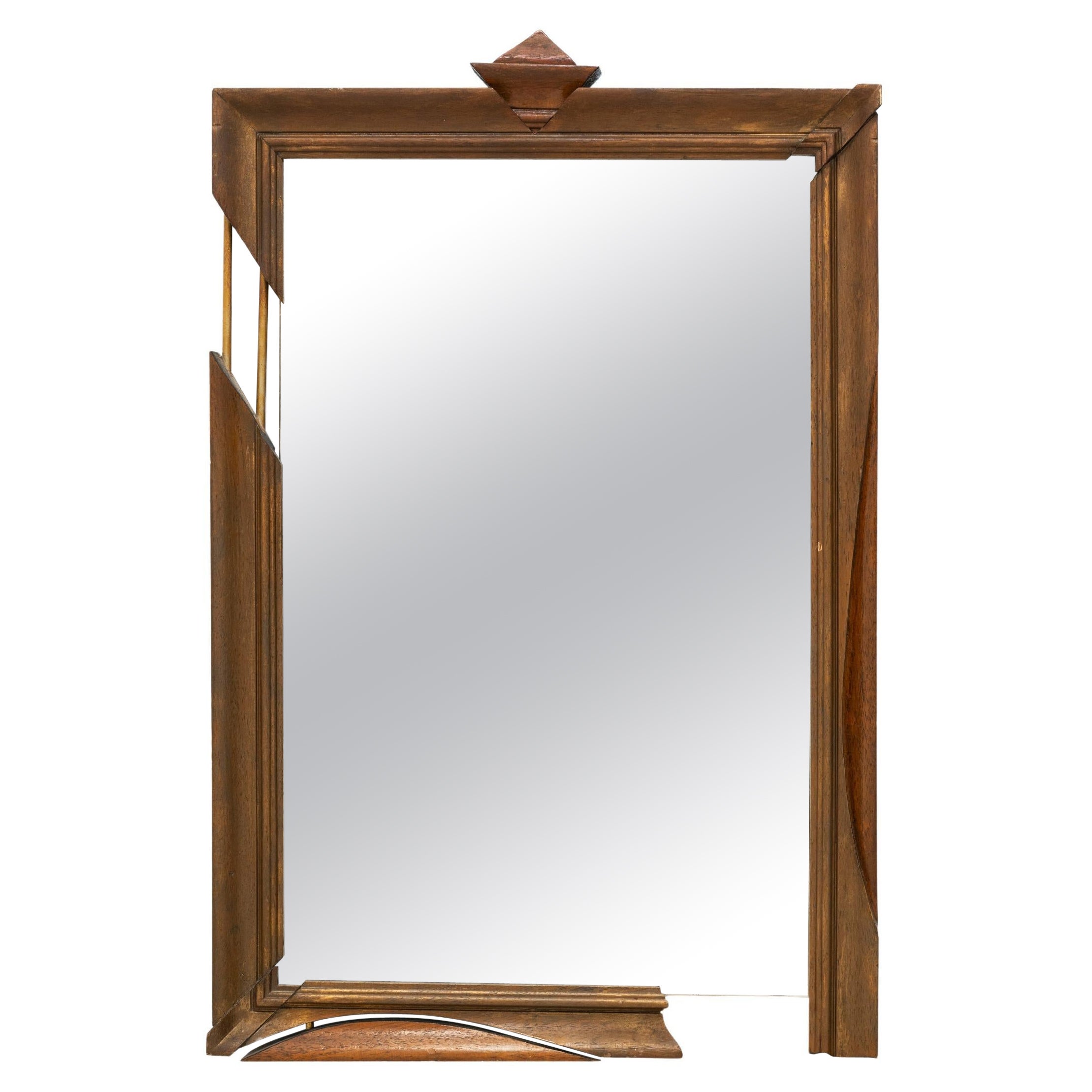 20th Century French Design Wall Mirror in Carved Brown Wood and Metal, 1990s