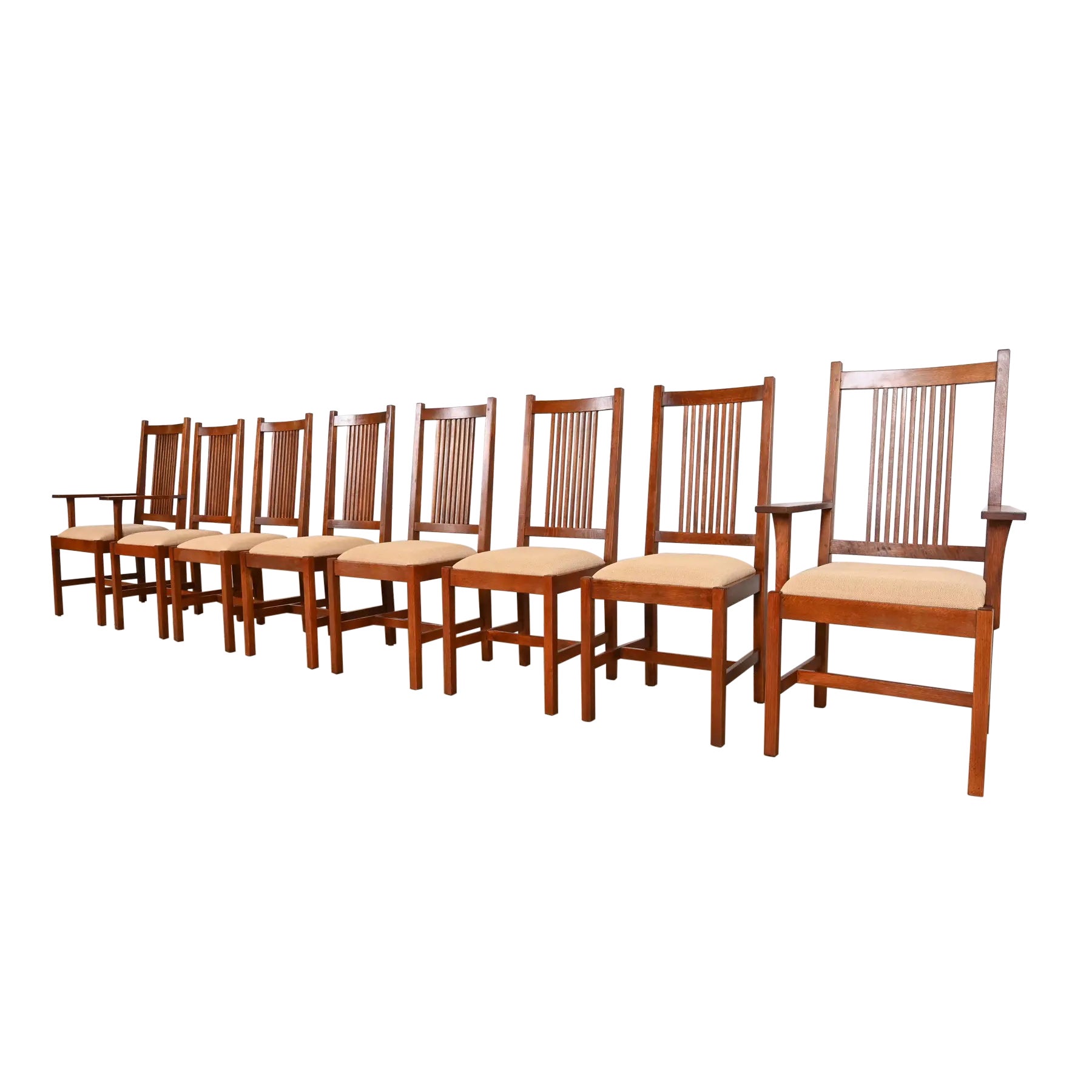 Stickley Mission Oak Arts & Crafts High Back Spindle Dining Chairs, Set of Eight