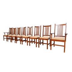 Stickley Mission Eichenholz Arts & Crafts Esszimmerstühle mit hoher Rückenlehne und Spindel, achter-Set