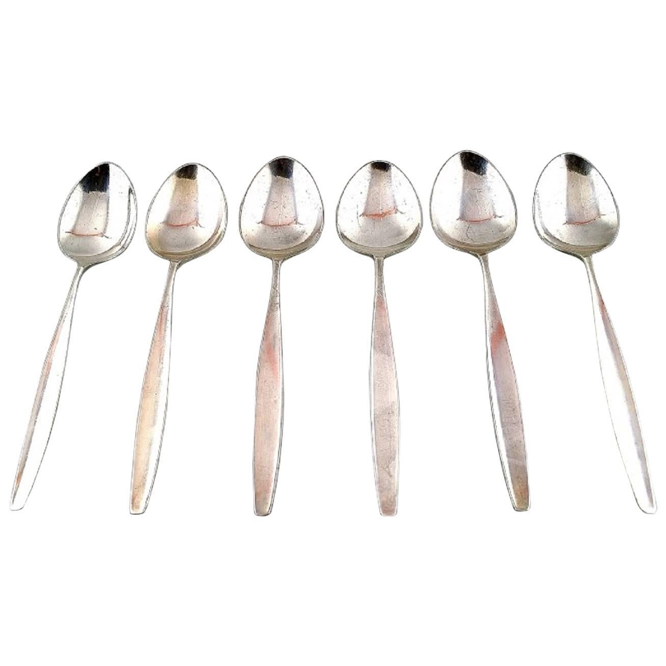Georg Jensen Sterling Silver Cypres Six Serving / Soup / Dessert Spoons For Sale