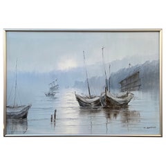 Pittura ad olio d'epoca con paesaggio marino della metà del secolo scorso, firmata dall'artista. C 1950