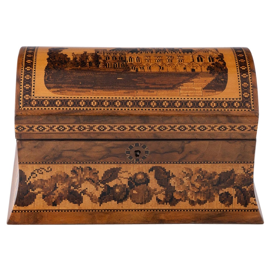 Tunbridge Ware Tea Caddy Battle Abbey Cloisters c1870 For Sale