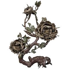 Bronze Okimono from the Meiji Period, Flowering Peony Branch, Japan 19th Century
