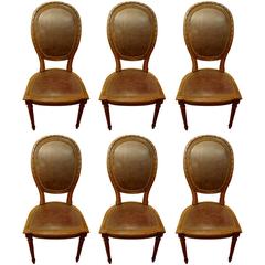 Set of Six 19th Century Louis XVI Style Walnut and Leather Dining Chairs