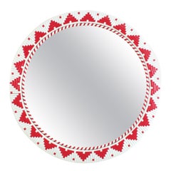 Spanischer runder spanischer Wandspiegel mit rotem und weißem, gewebtem Acrylrahmen