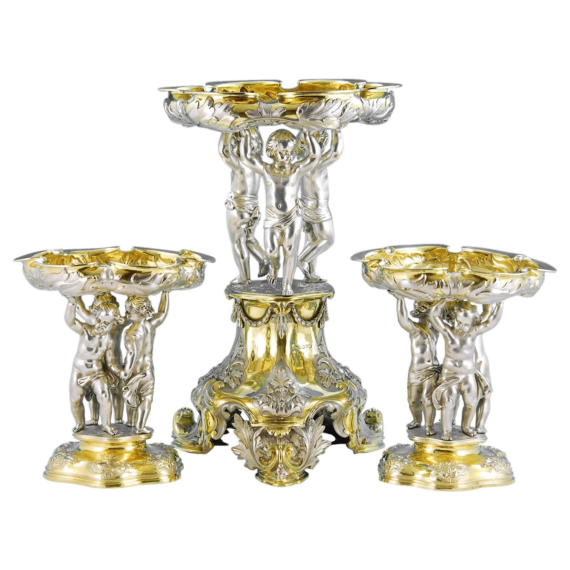 Superb Parcel-Gilt Sterling-Silver Centerpiece and Pair of Comports For Sale