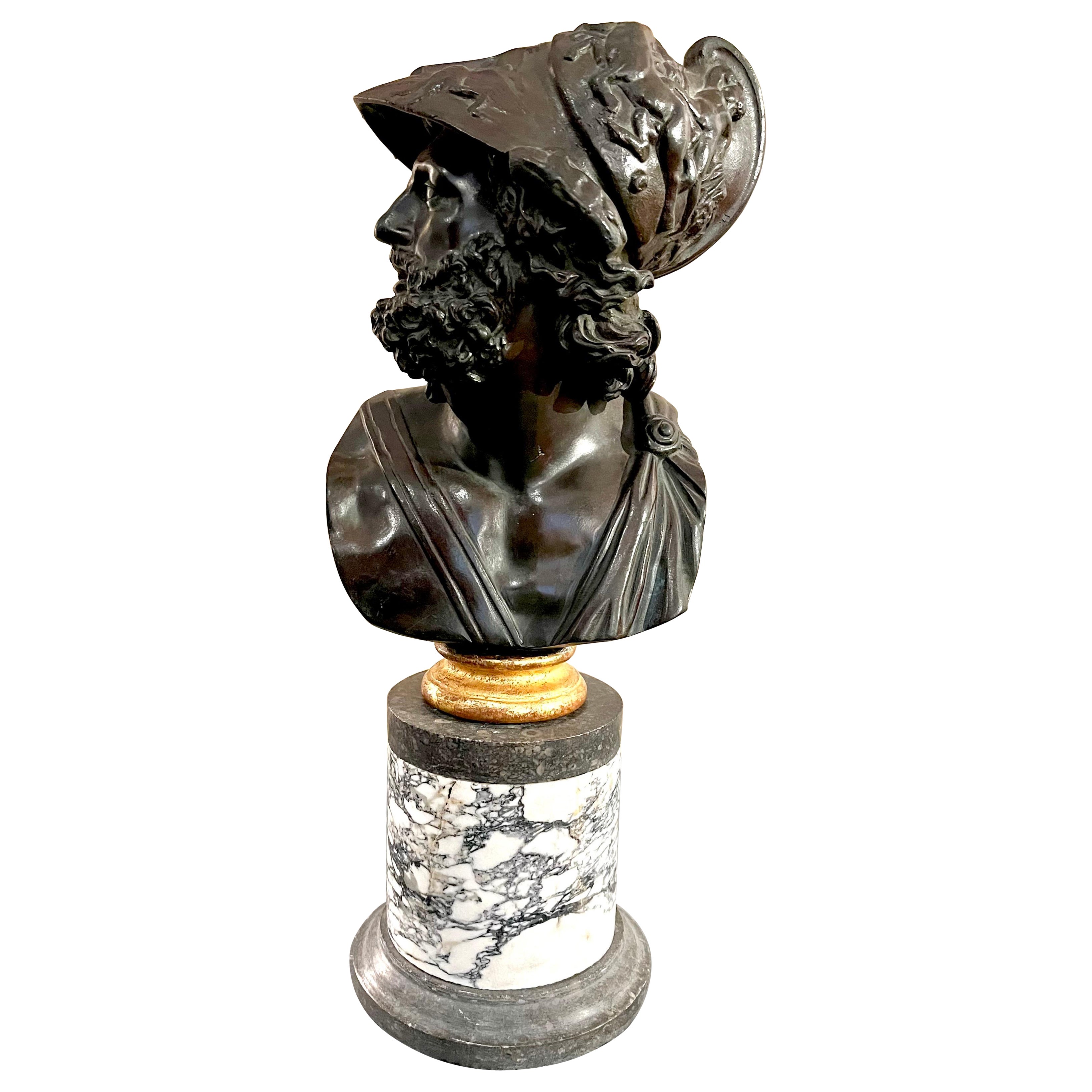 Bust  Grand Tour Ajax in Patinated Bronze and  Marble  Column Base