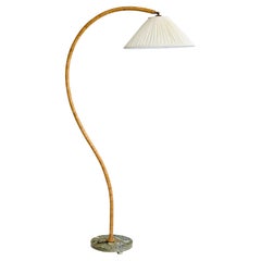 Swedish Designer, Floor Lamp, Oak, Marble, Fabric, Sweden, 1940s