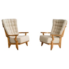 Guillerme & Chambron, Lounge Chairs, Fabric, Oak, France, 1950s