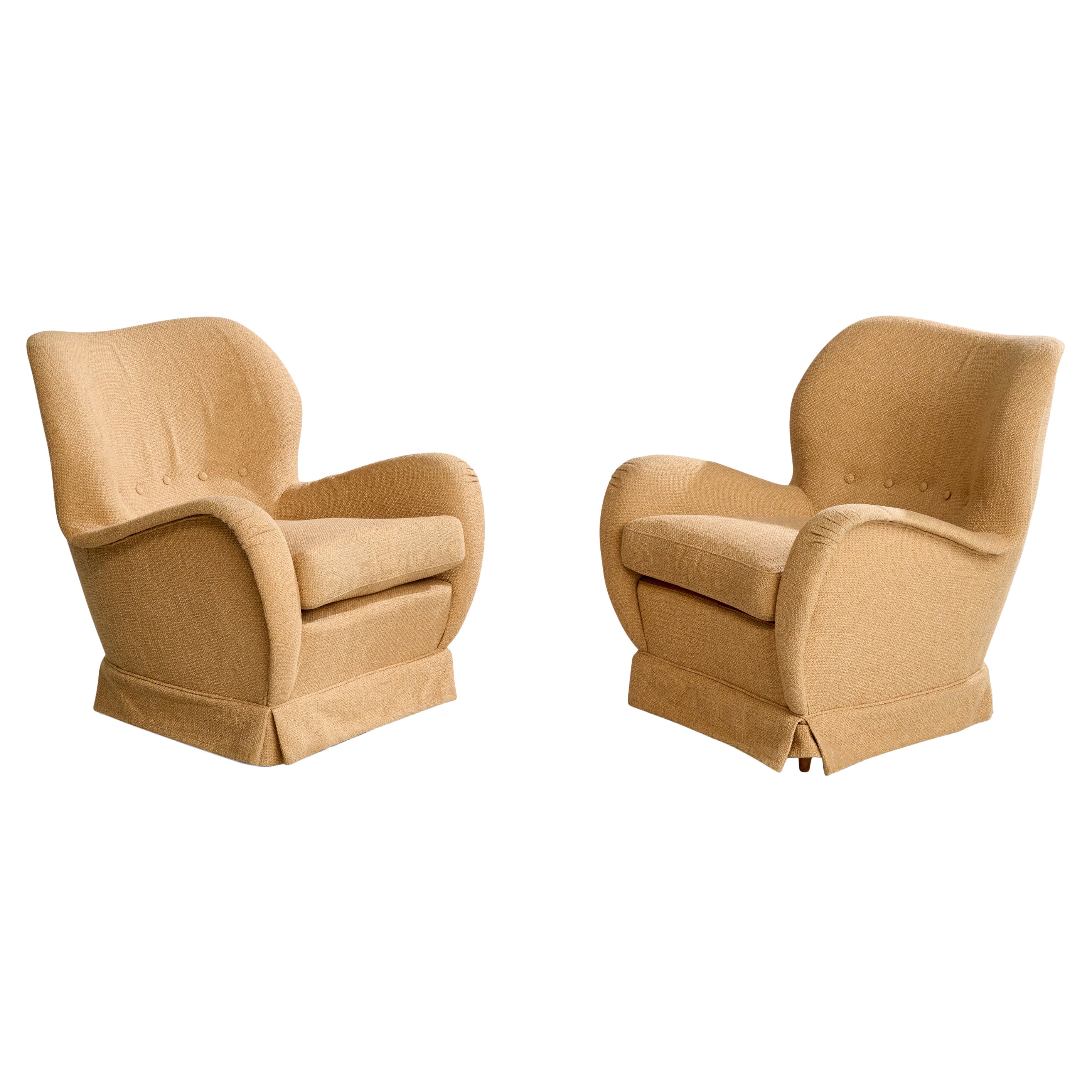 Designer italien, fauteuils de salon, tissu, bois, Italie, années 1950