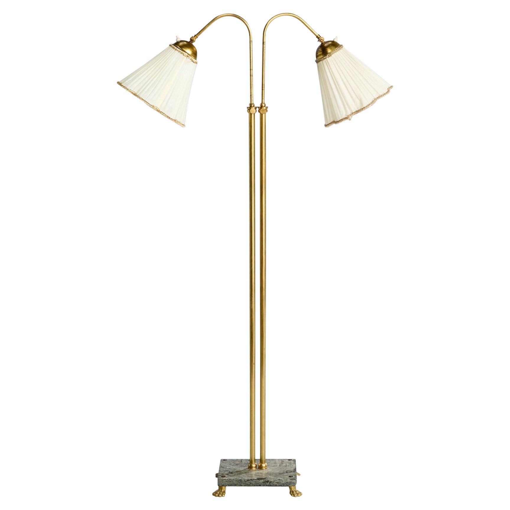 Swedish Designer, Floor Lamp, Brass, Marble, Fabric, Sweden, 1930s