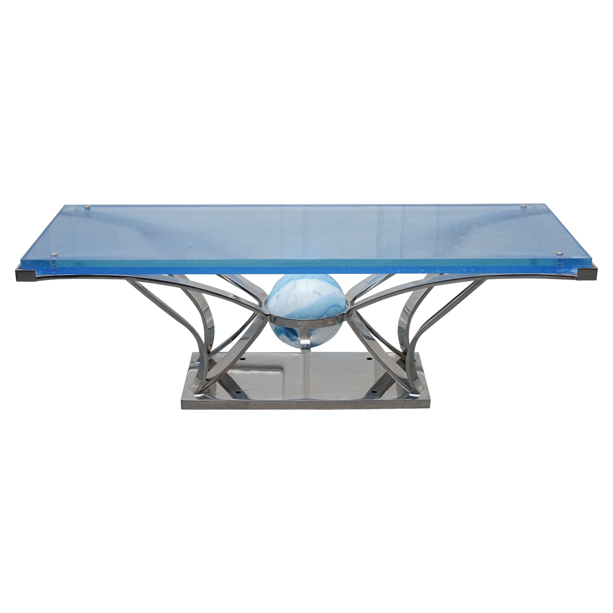 RARE CUSTOM HAND MADE GLASS MARINE GRADE STAINLESS STEEL COFFEE TABLE BY SOLiART For Sale