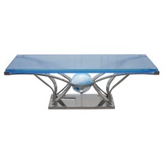 RARE CUSTOM HAND MADE GLASS MARINE GRADE STAINLESS STEEL COFFEE TABLE BY SOLiART