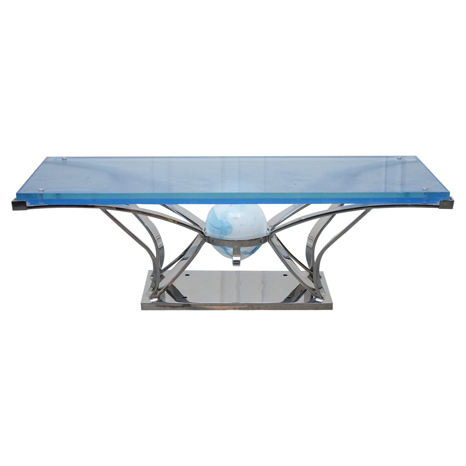 RARE CUSTOM HAND MADE GLASS MARINE GRADE STAINLESS STEEL COFFEE TABLE BY SOLiART