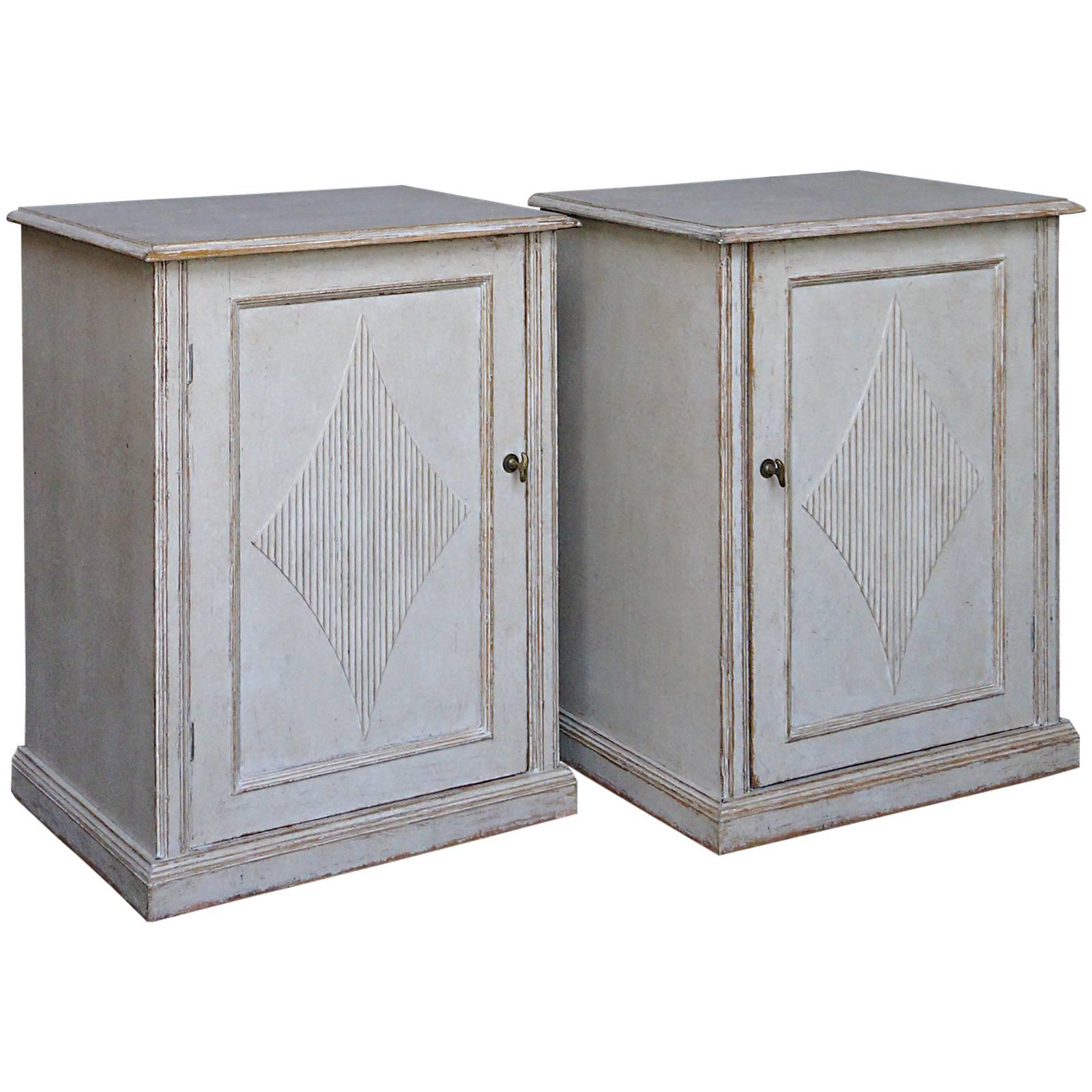 Pair of Swedish Gustavian Style Low Cabinets in White Paint