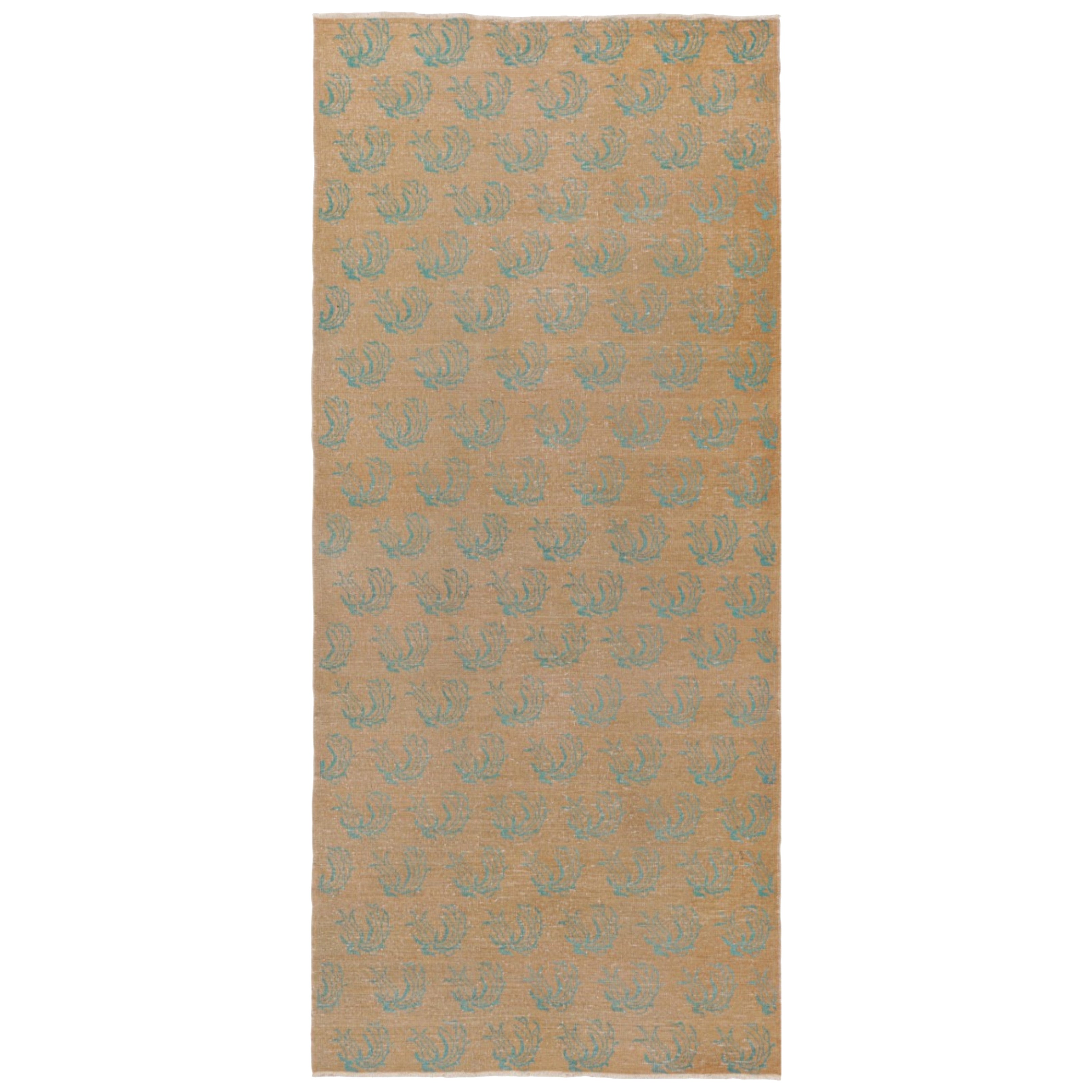 Vintage Turkish Kars Runner Rug in Beige-Brown with Blue Patterns  Rug & Kilim For Sale