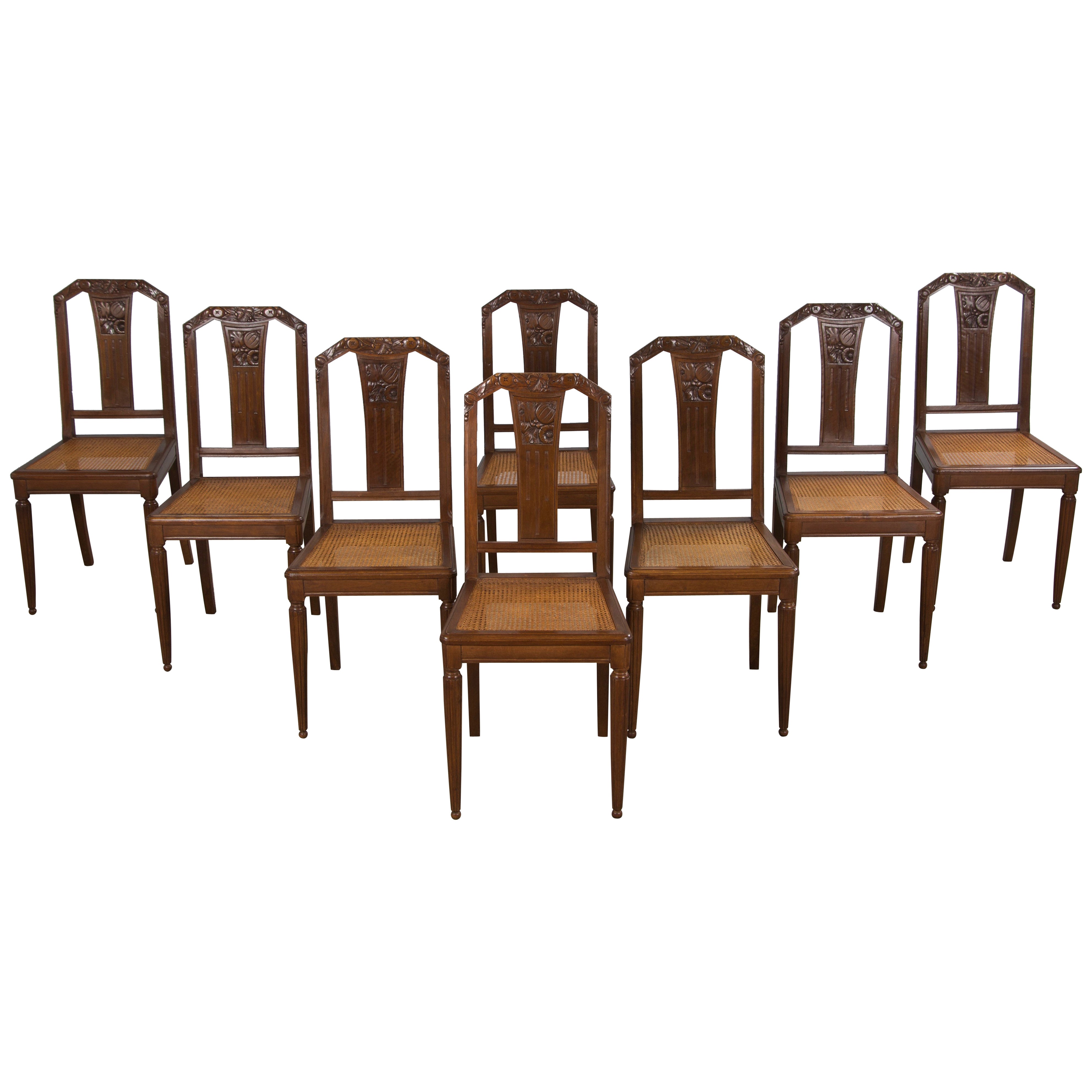 1930s French Art Deco Walnut Dining Chairs W/ Cane Seats - Set of 8