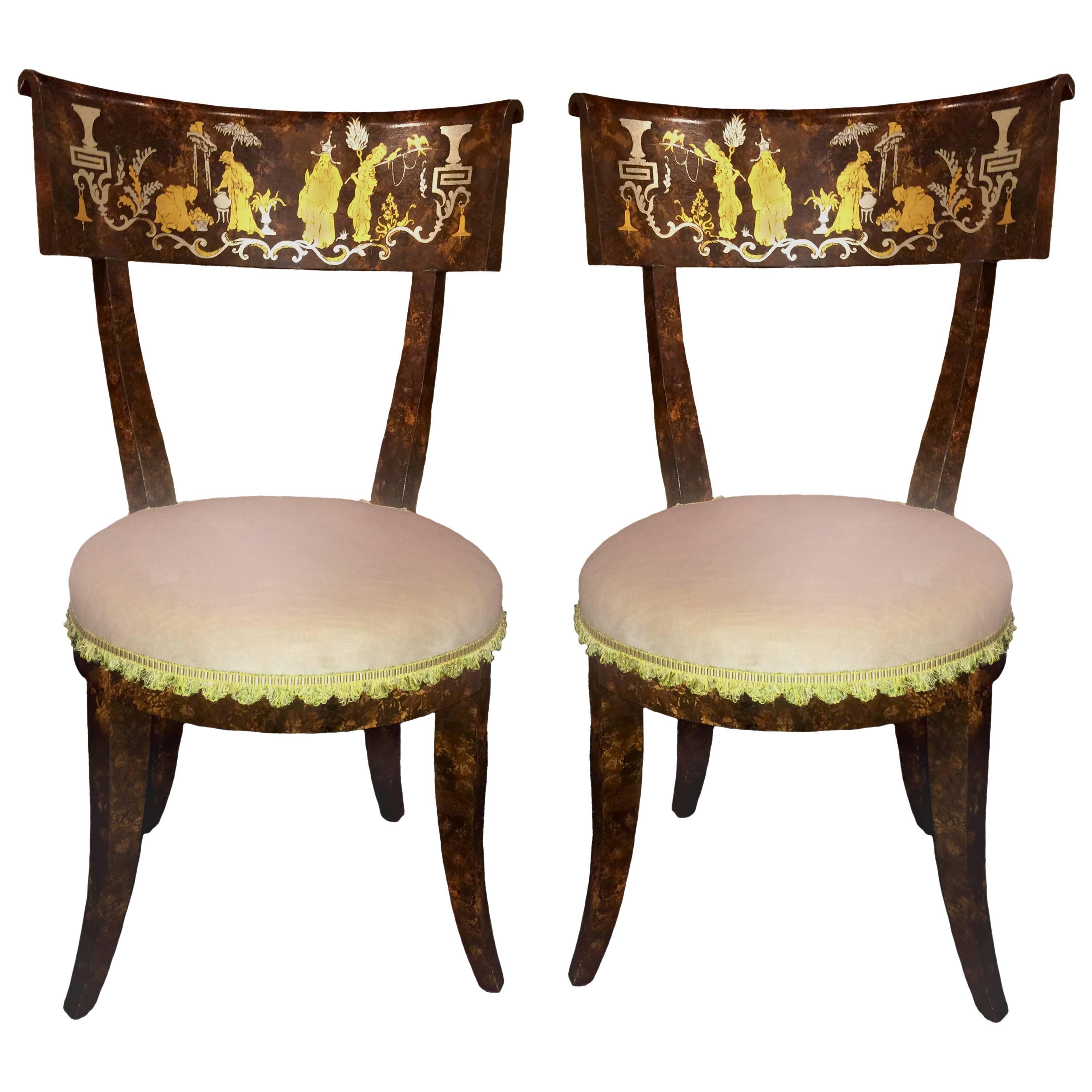 SALE Klismos Style Faux-Tortoise Painted Chinoiserie Chairs, Pair
