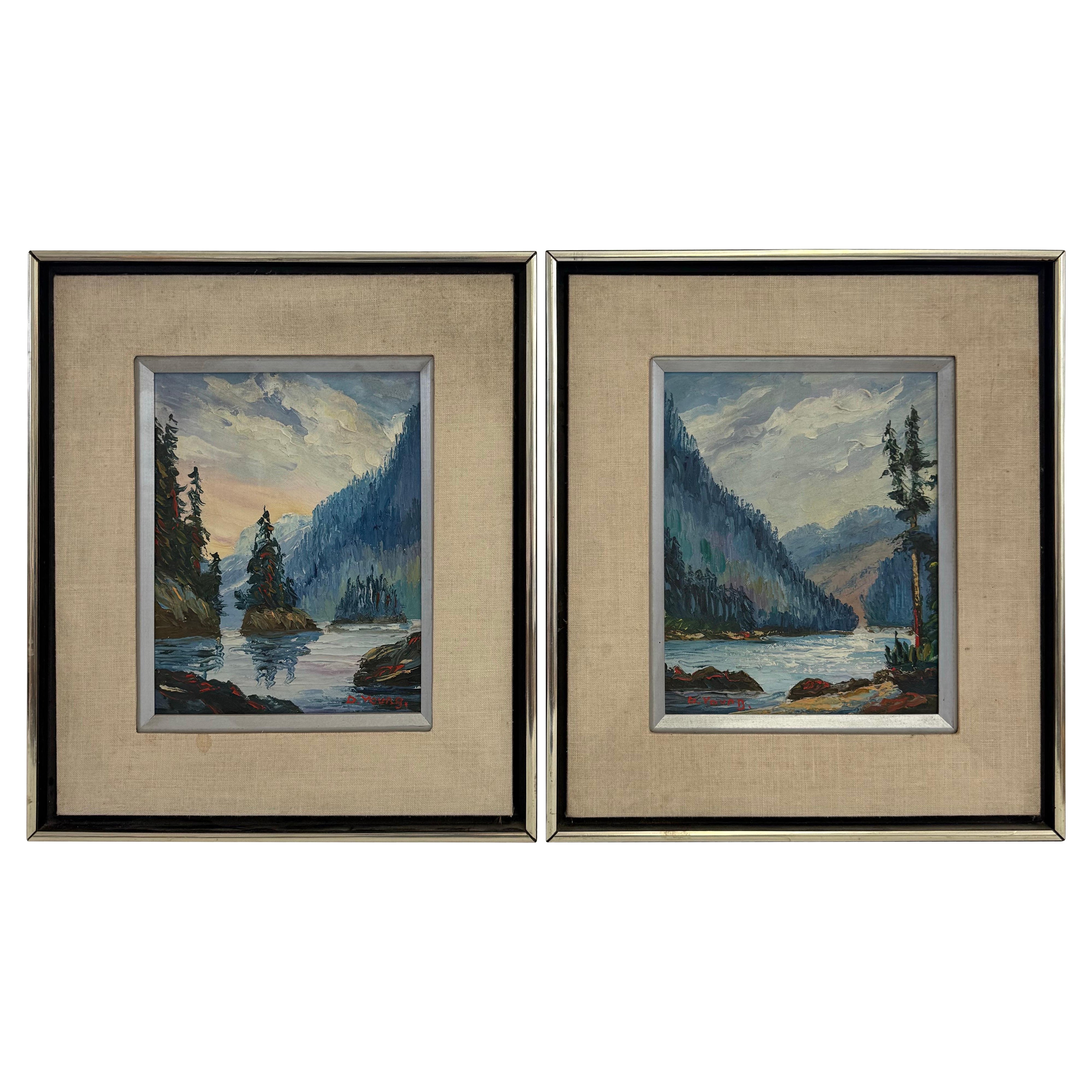 Conjunto de dos cuadros vintage firmados de estilo moderno de mediados de siglo en venta