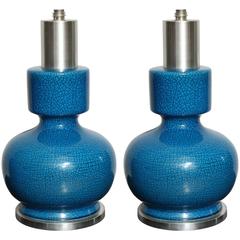 Pair of Modernist Crackled/Turquoise Glazed Ceramic Table Lamps