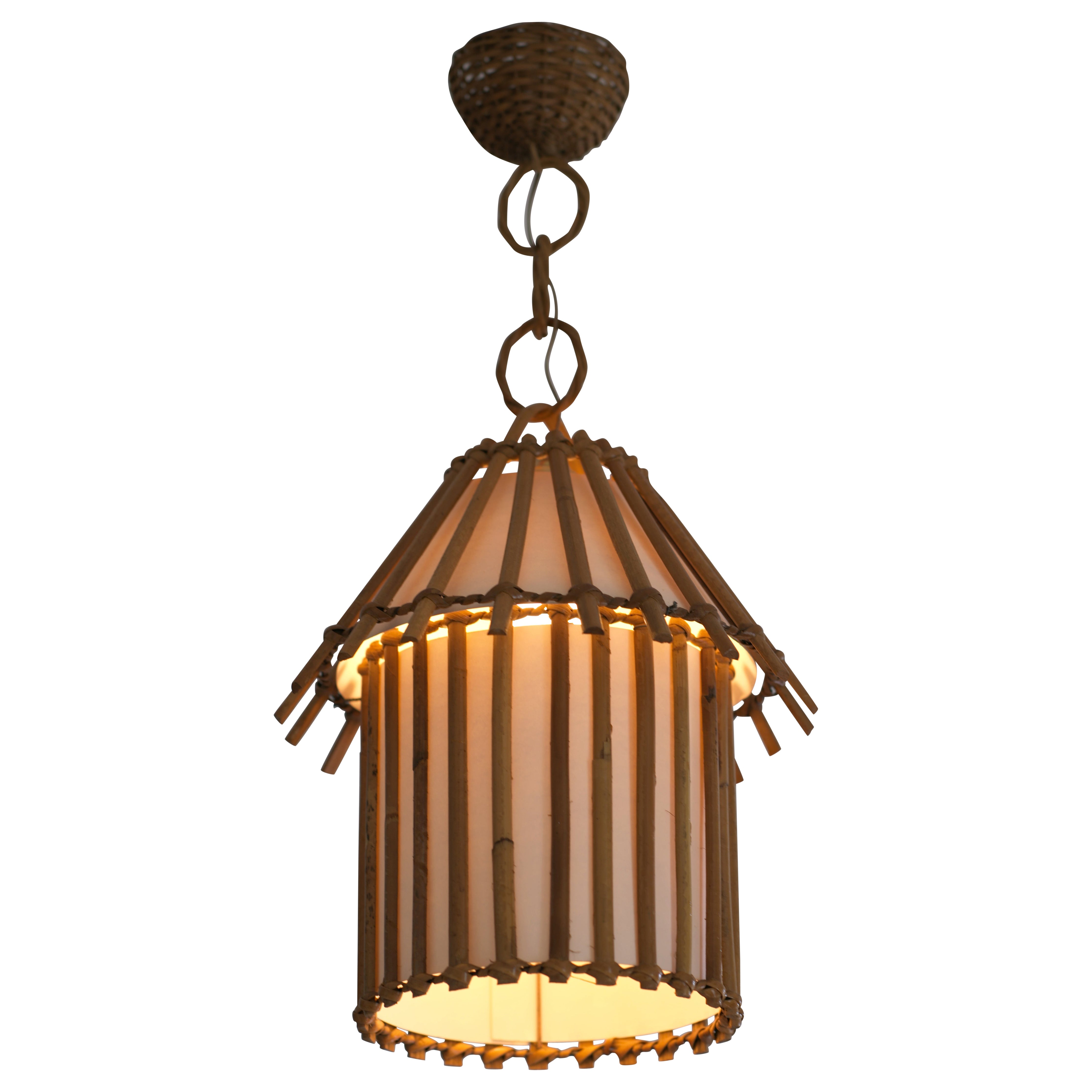 Louis SOGNOT Bamboo and Rattan Pendant Chandelier, 1950s