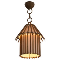 Louis SOGNOT Bamboo and Rattan Pendant Chandelier, 1950s