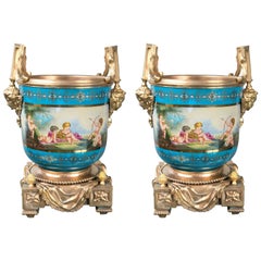 Pair of Sèvres Style Porcelain and Gilt Bronze Cache Pots