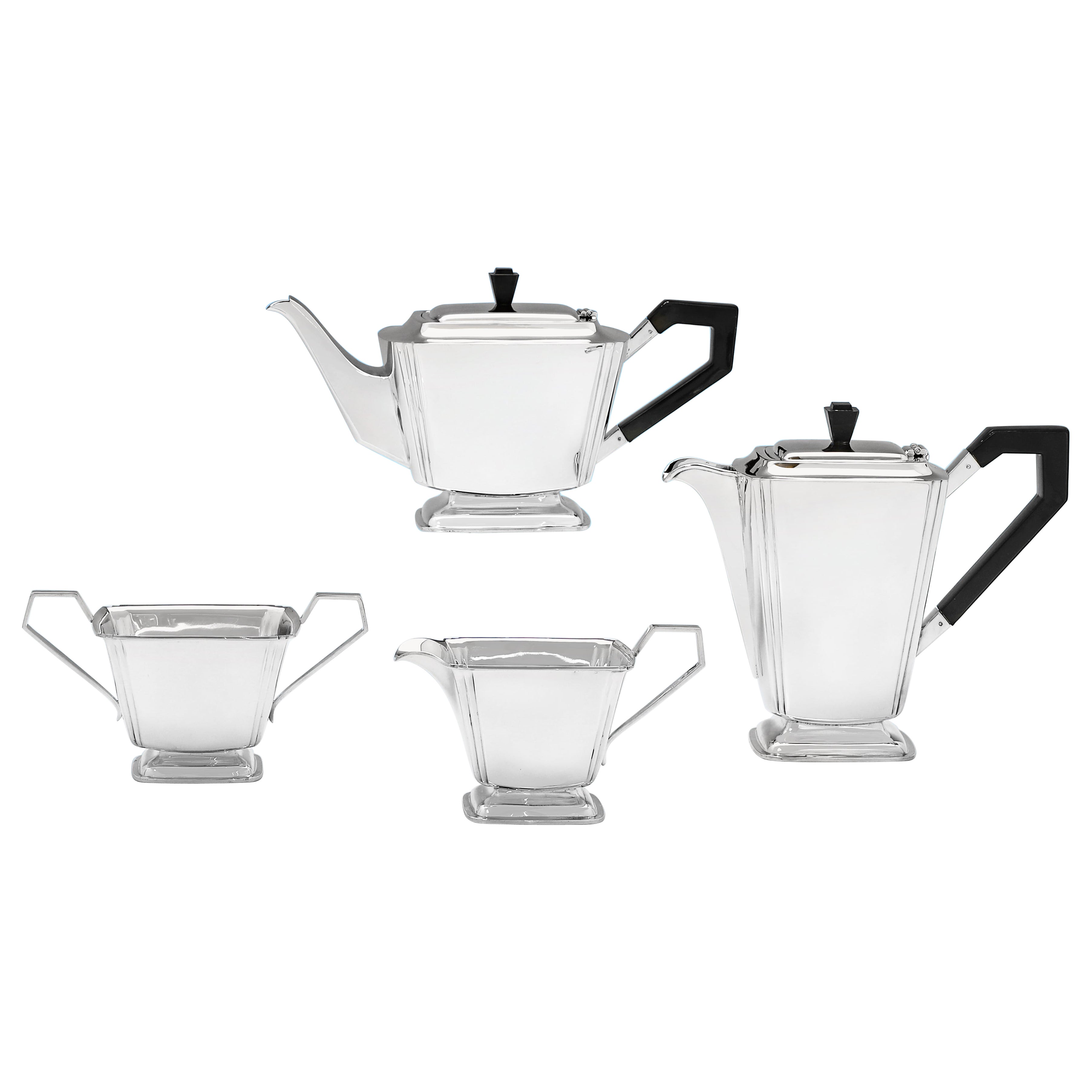 4 piece art deco sterling silver tea set - hallmarked in 1937