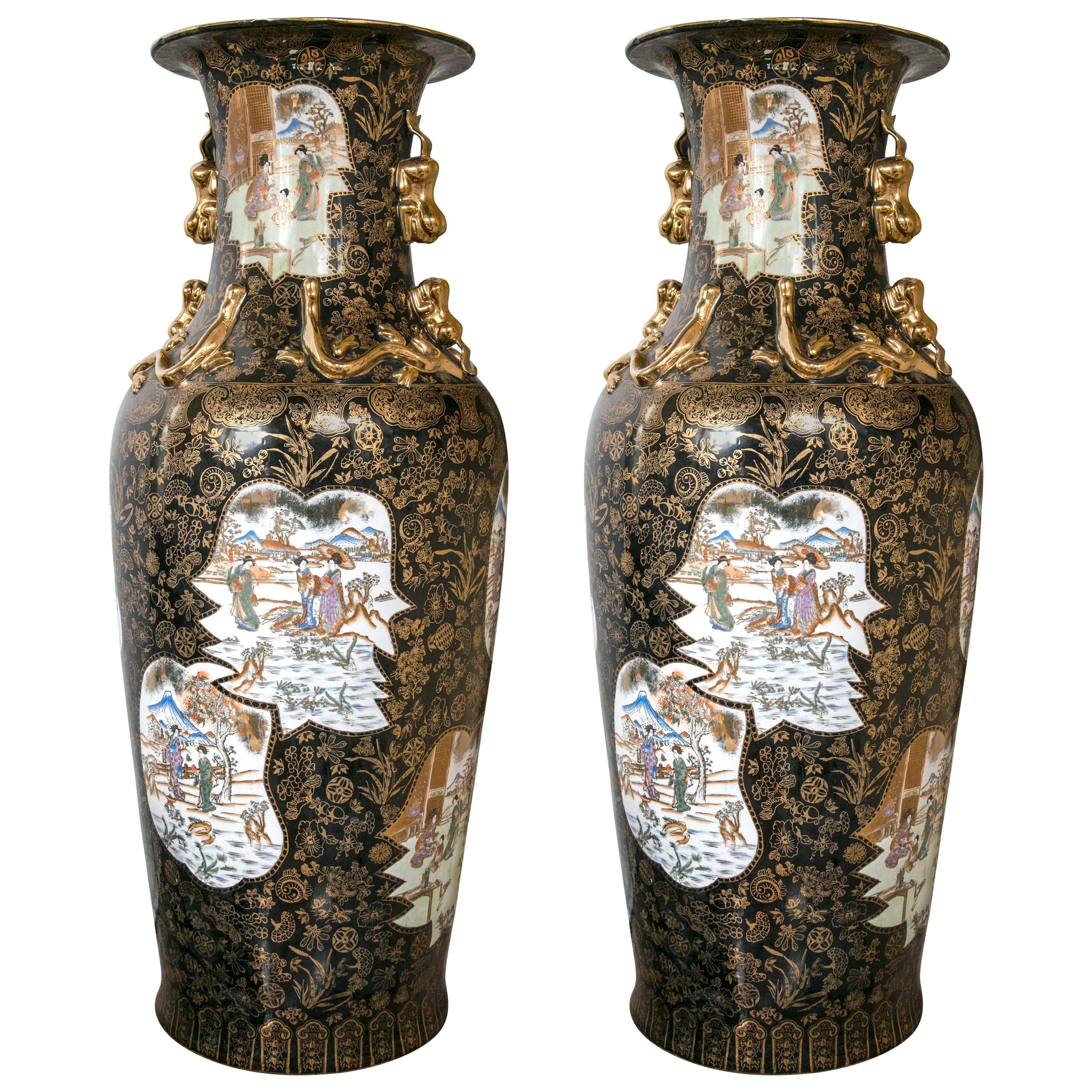 Impressive Pair of Beautiful Mirror Black Floor Vases For Sale