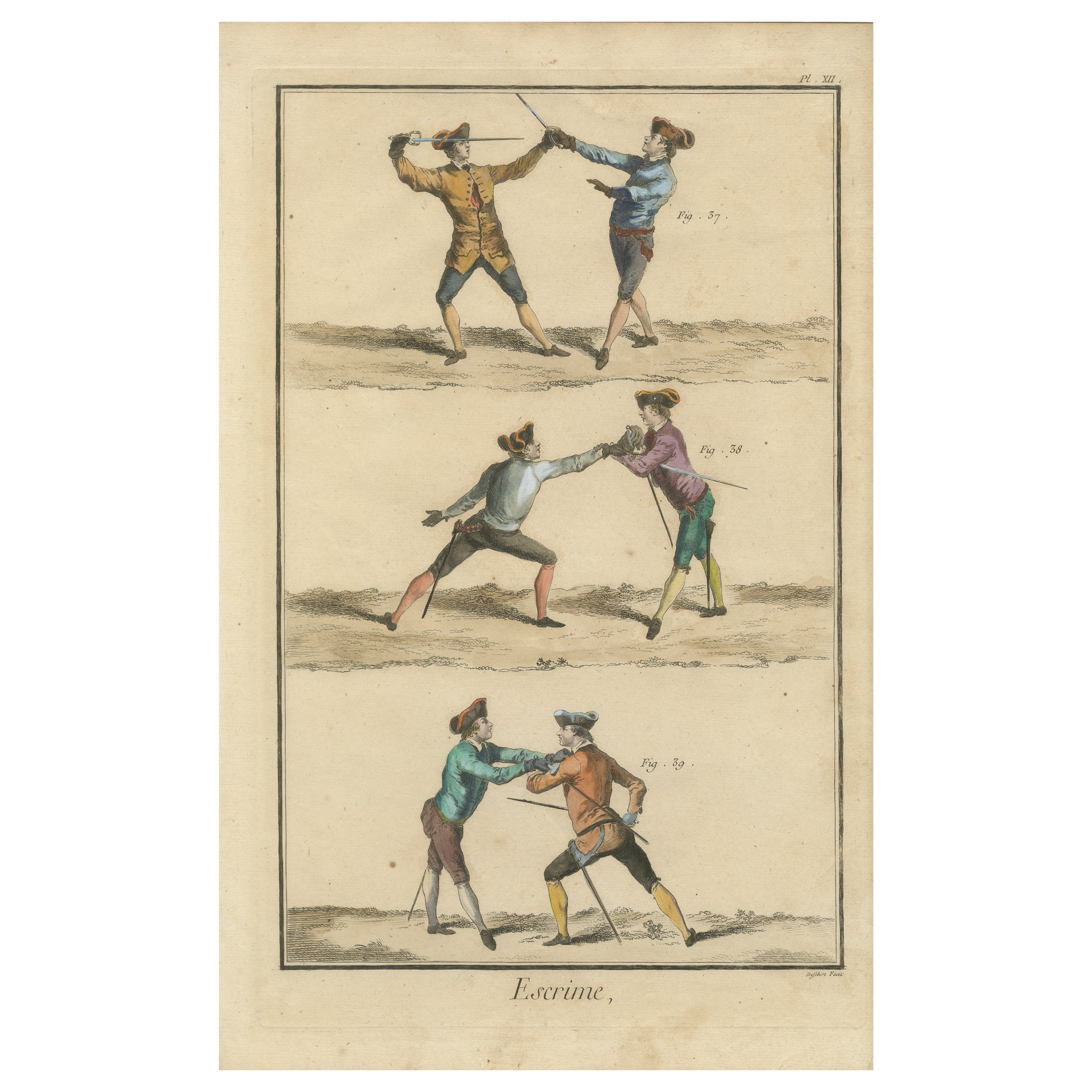 18th-Century Fencing Engraving – Elegant Depiction of Escrime Techniques