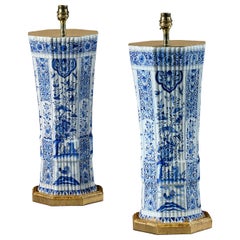 Delft Large Pair of Blue and White Ribbed mid 19th Century Table Lamps