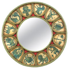 Vintage Spanish Zodiac Round Mirror with Blue, Beige & Red Polychrome Carved Frame, 1950