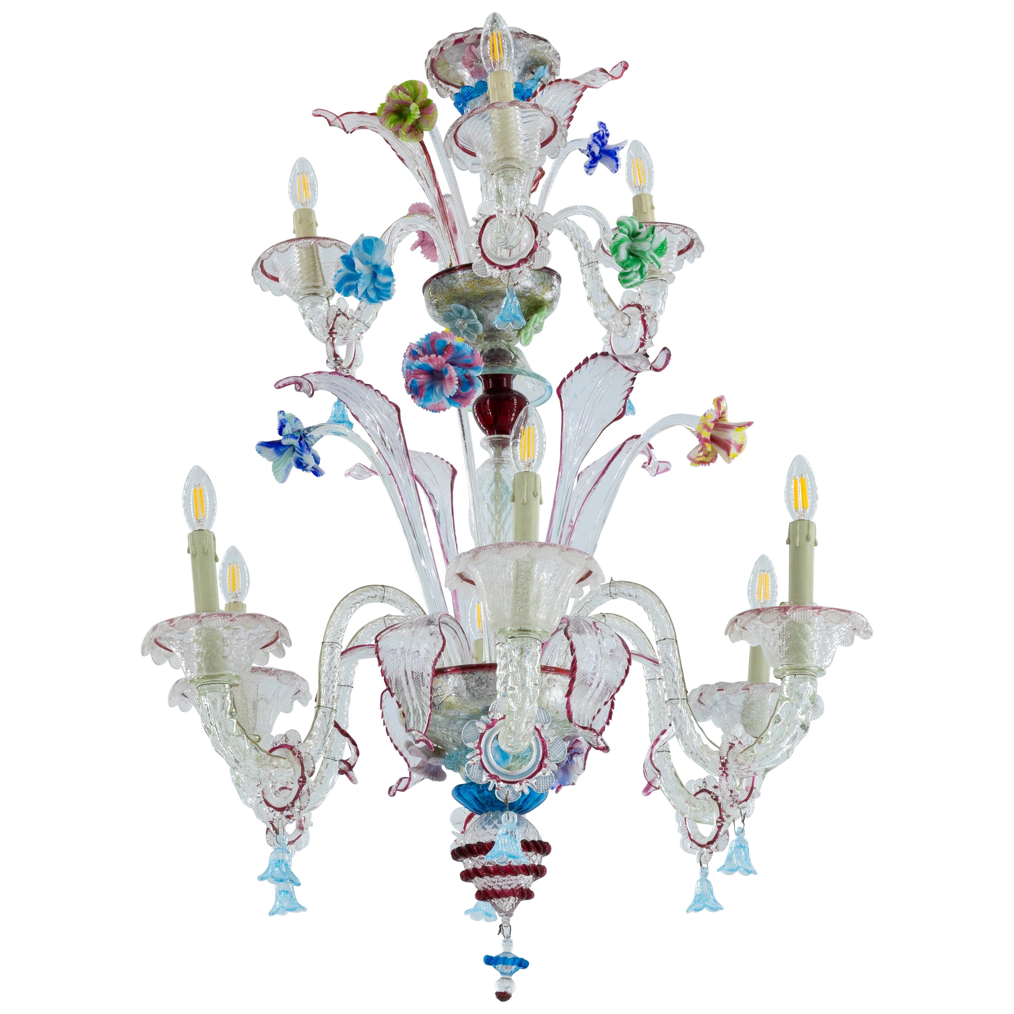 Lustre en verre de Murano des années 1950 avec des accents de rubis et des motifs floraux vibrants en vente