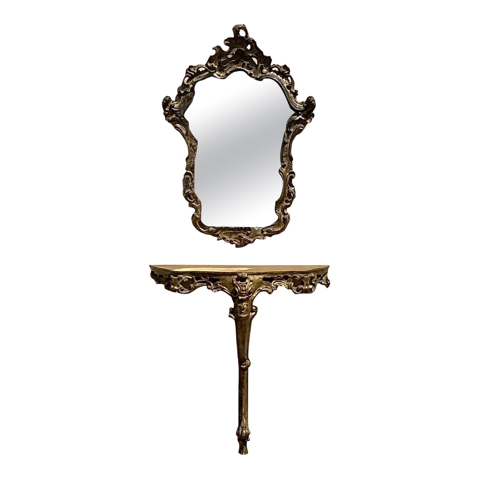 Vintage Italian Carved Gilt Mirror and Demilune Console - Set of 2