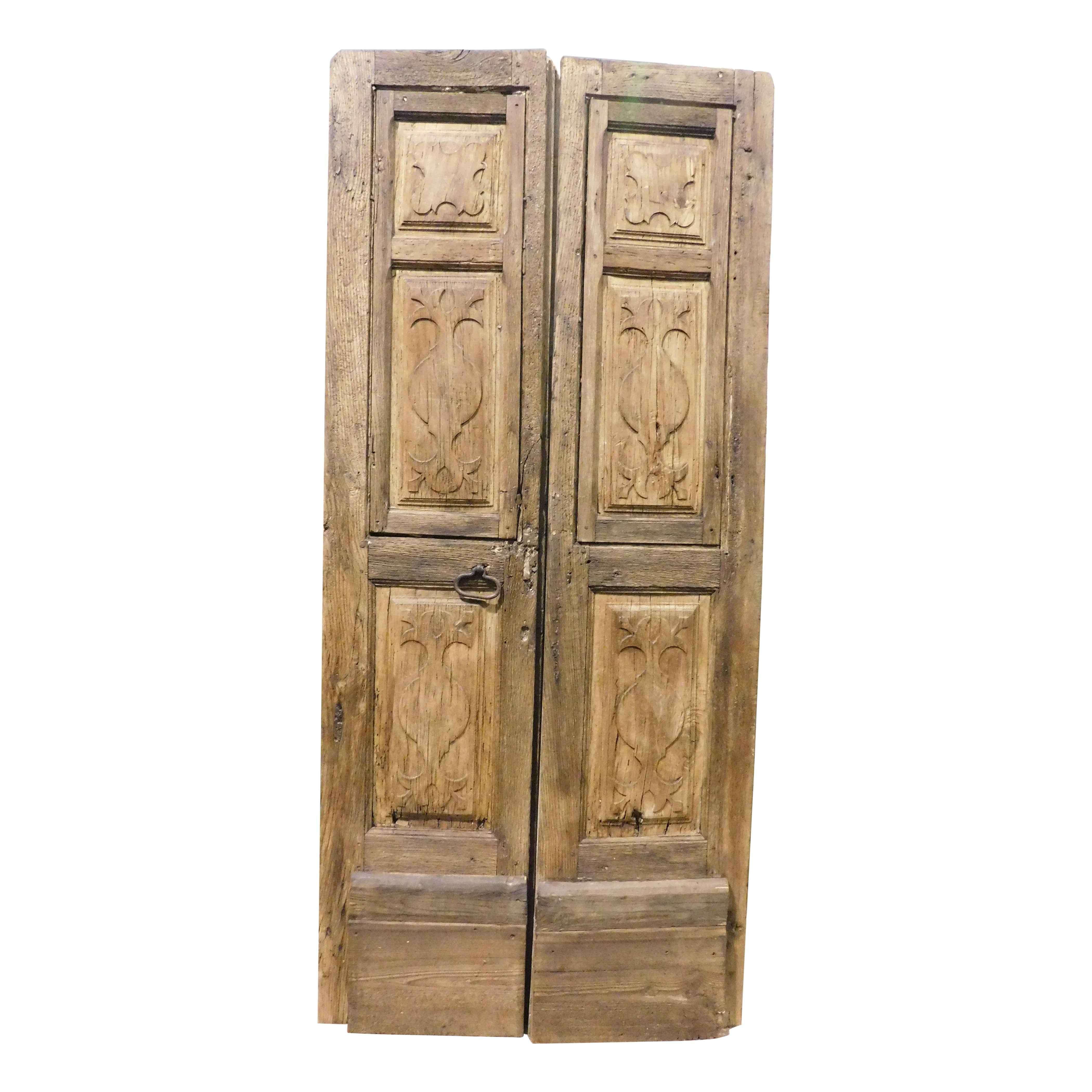 Puerta de dos hojas de madera de castaño con paneles tallados, Italia en venta
