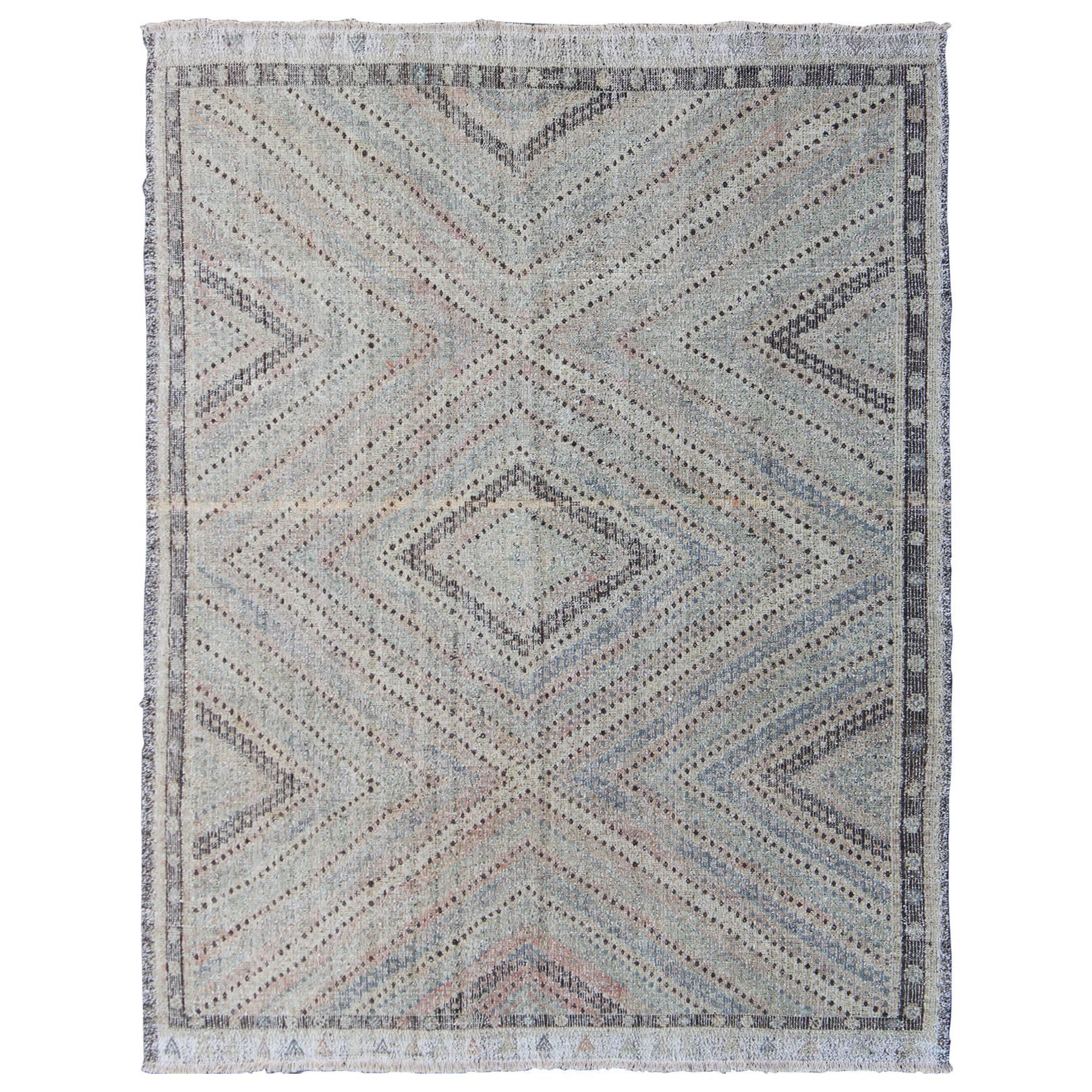 Embroidered Kilim in Light Blue, Gray, Light Teal, Brown & Pastel Colors  