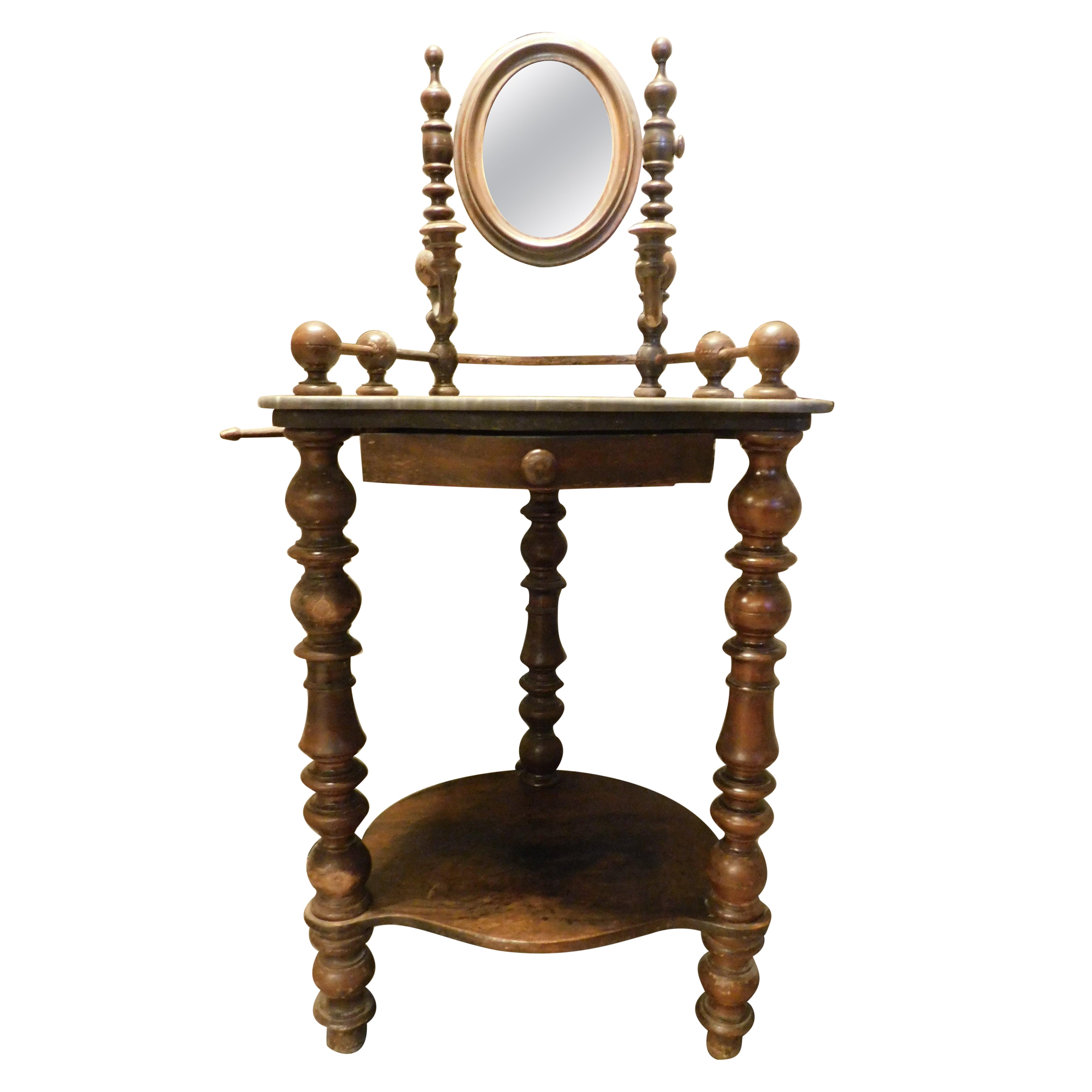 Walnut wood dressing table: drawers, marble top and folding mirror, Italy