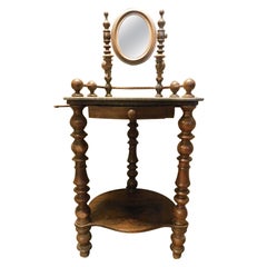 Walnut wood dressing table: drawers, marble top and folding mirror, Italy