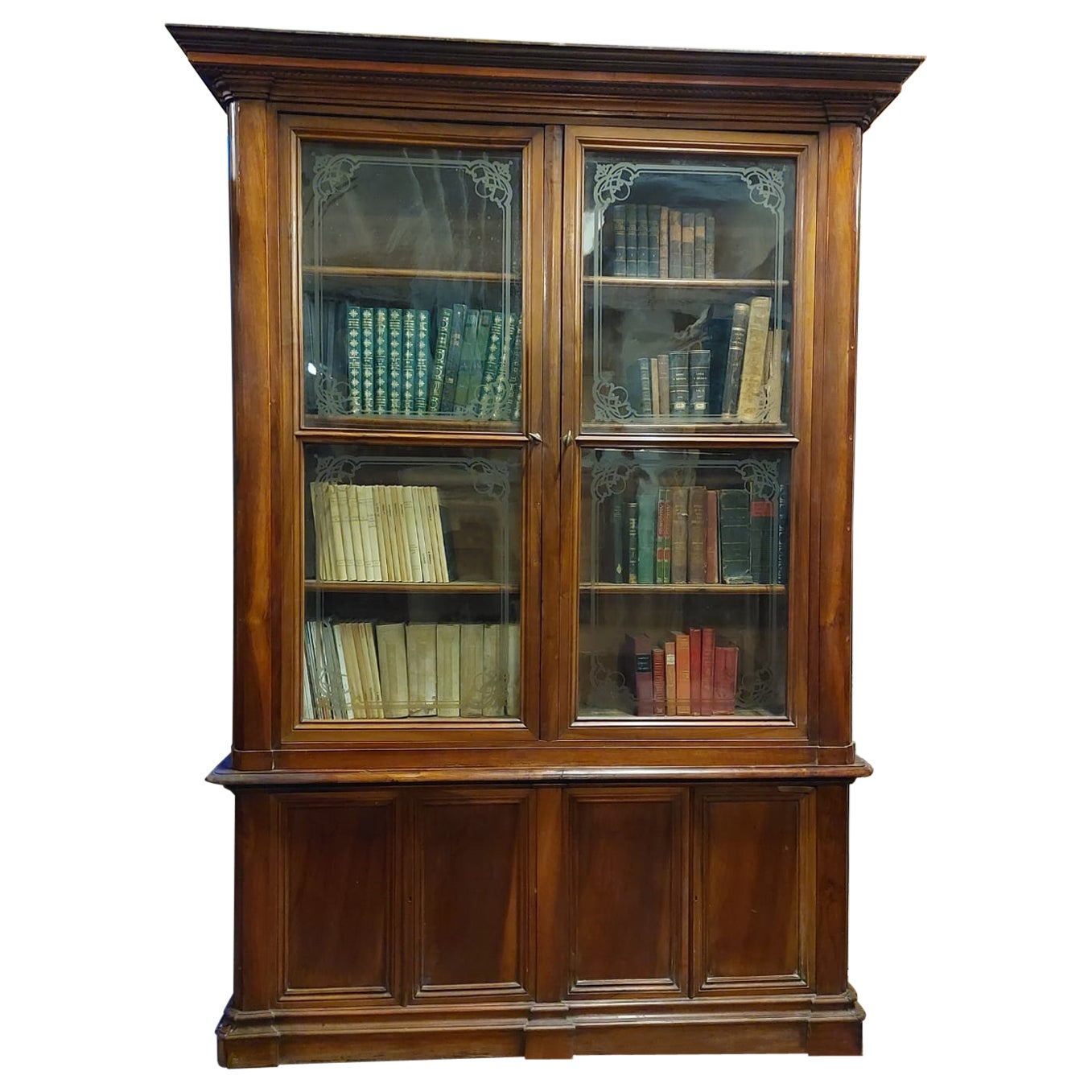 study bookcase, walnut library, complete with silkscreened glass, Italy