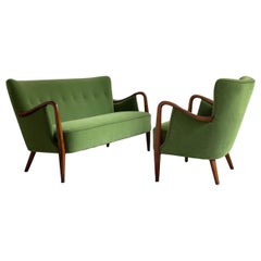 Danish lounge chair and sofa 1940s reupholstered in premium green mohair.