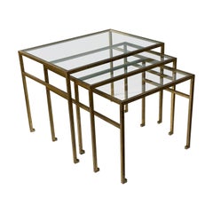 Set of 3 Nesting Tables Gilt Wrought Iron by Roger Thibier. France, 1960s