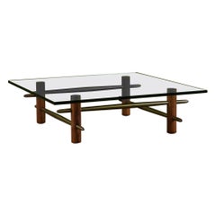 T.H. Robsjohn Gibbings Glass Top Brass and Walnut Coffee Table for Widdicomb