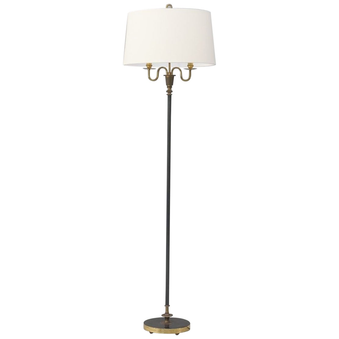 Mid Century French Floor Lamp, Blackened Steel with Brass Dtail For Sale