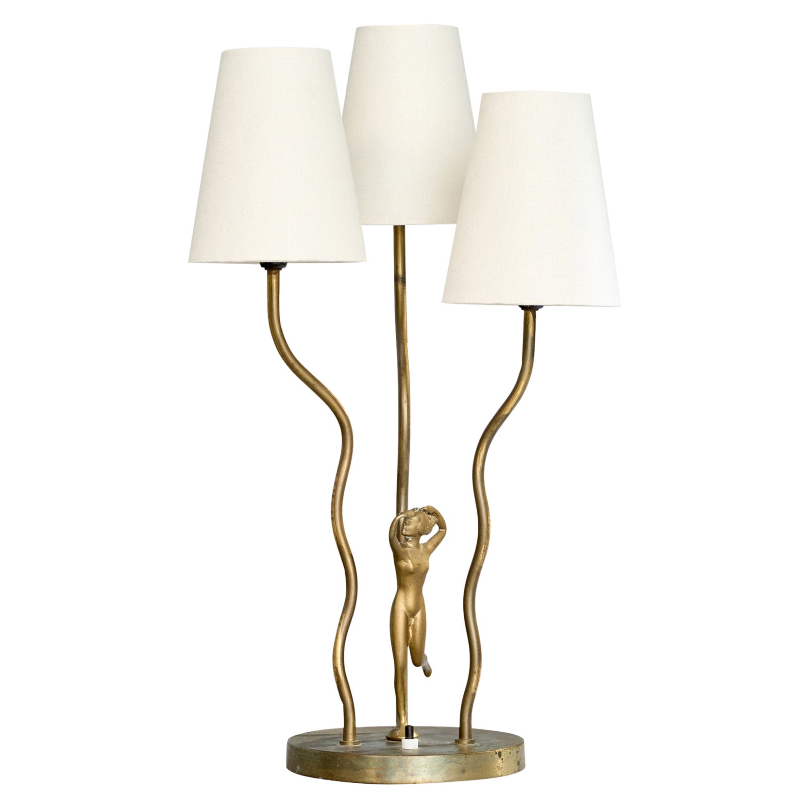 Swedish Designer, Table Lamp, Brass, Fabric, Sweden, 1930s